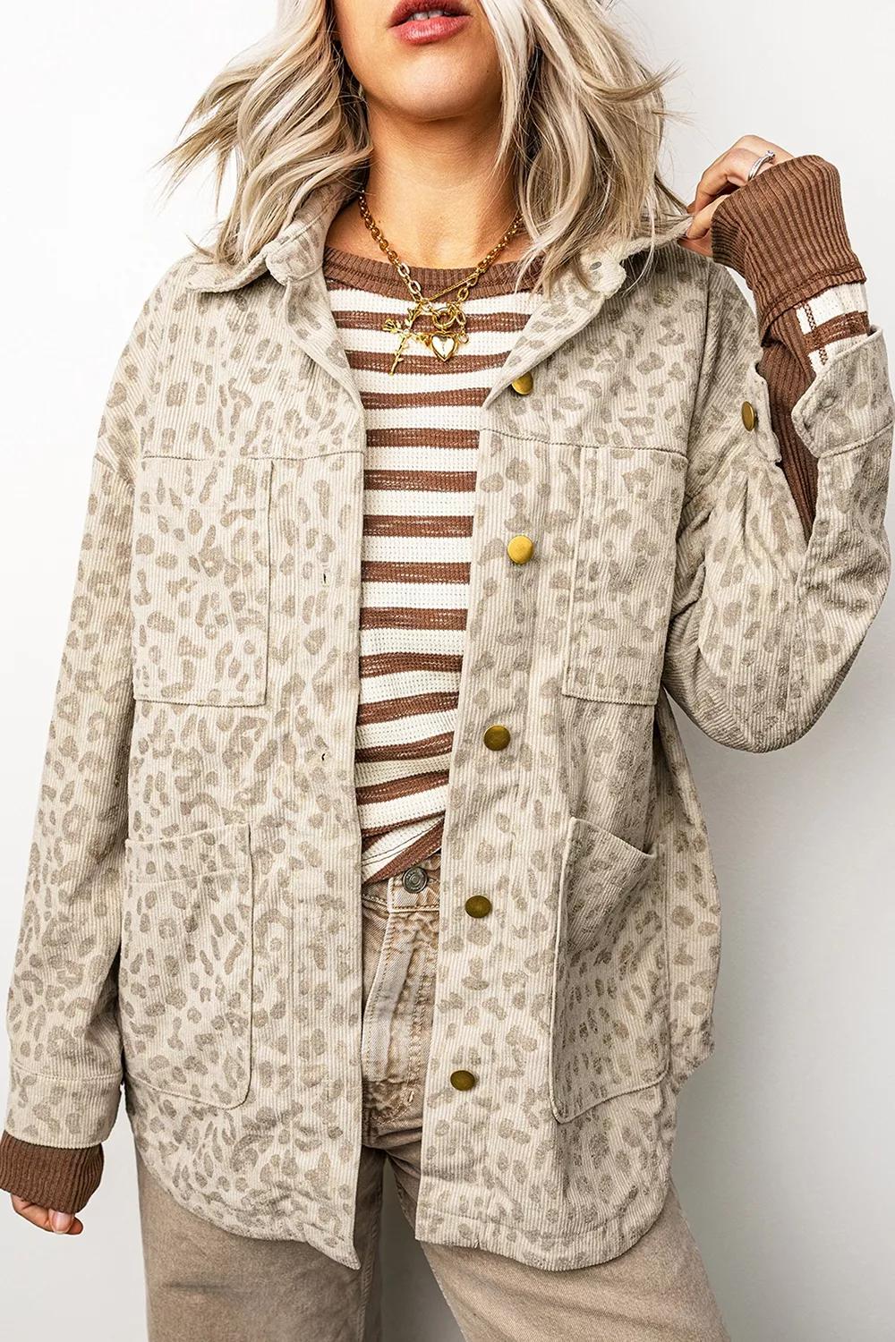 Leopard Print Corduroy Shirt Collar Long Sleeve Regular Fit Jacket, image 5
