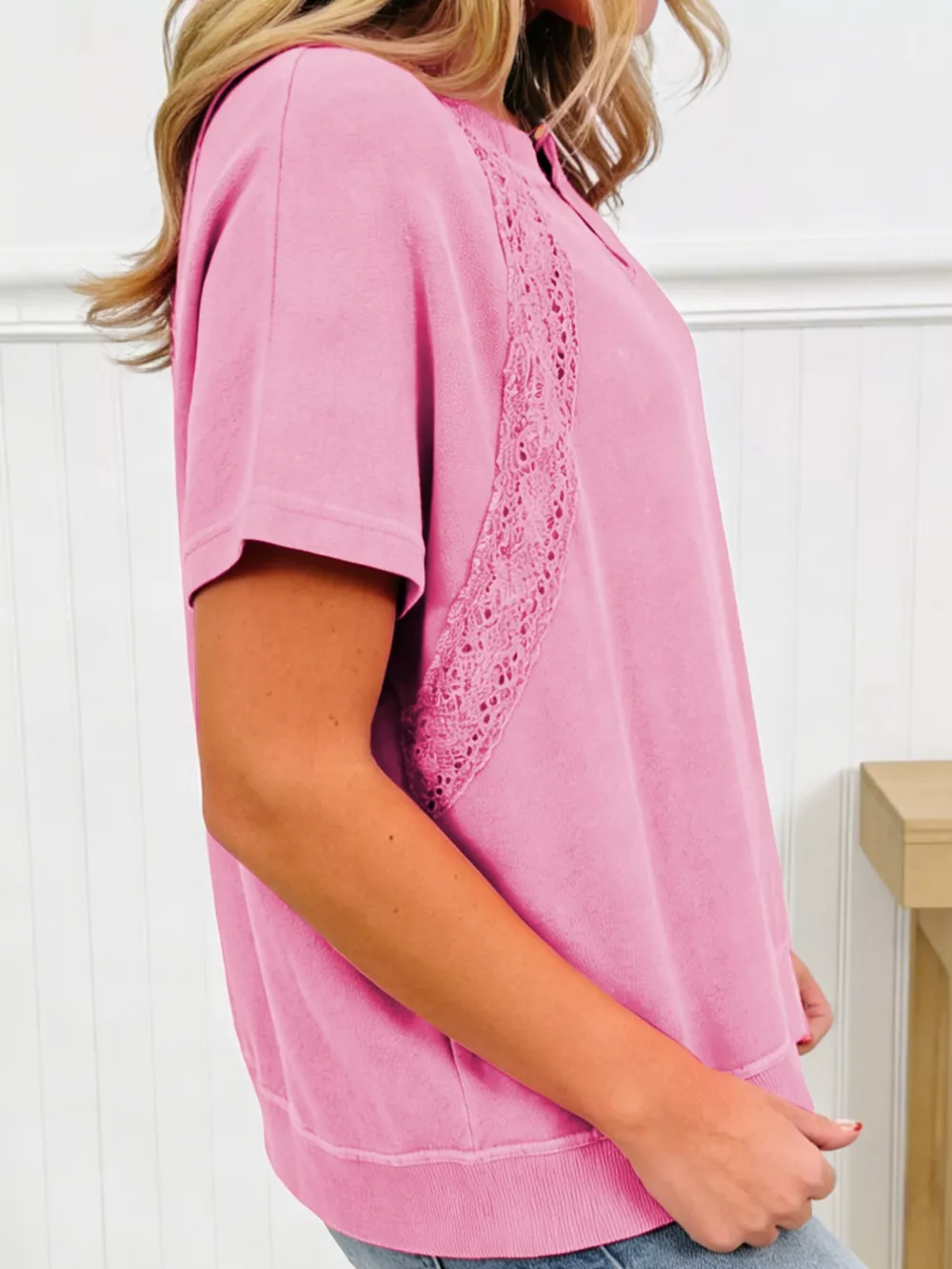 Raw Cut Notched Neck Lace Patchwork Detail Mineral Wash Tee, image 2