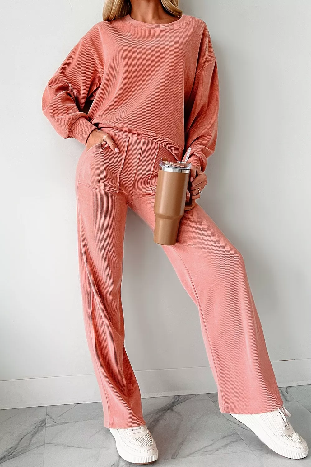Ribbed Round Neck Top and Pants Set, image 4