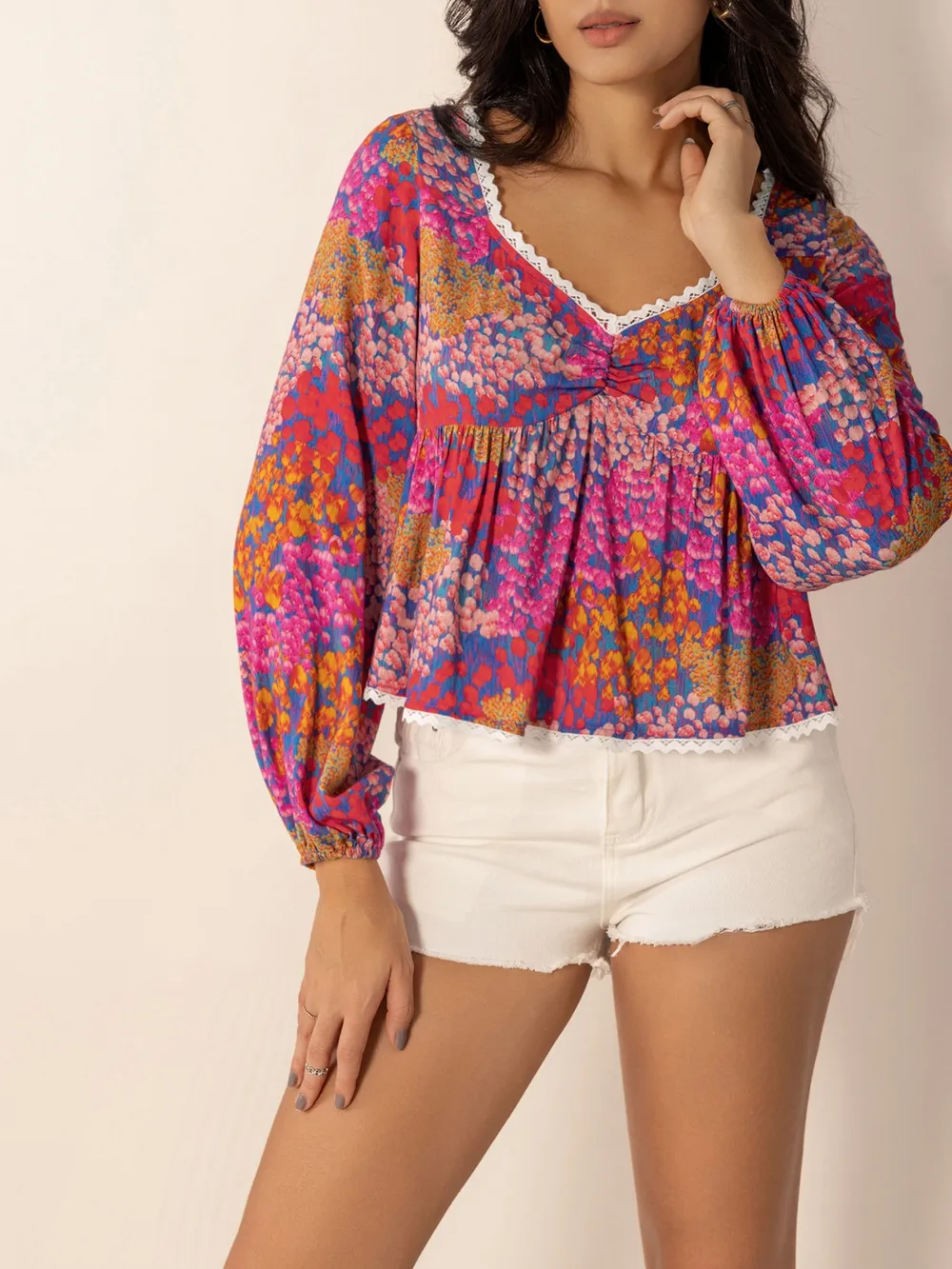 Lace Detail Printed Balloon Sleeve Top, image 3