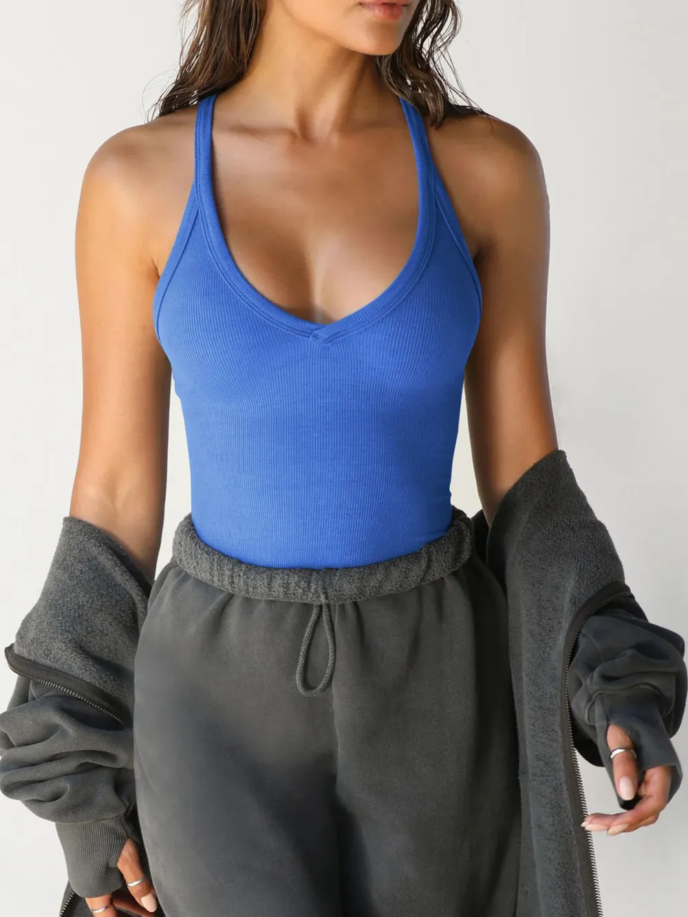 Ribbed V-Neck Halter Tank Top, image 2