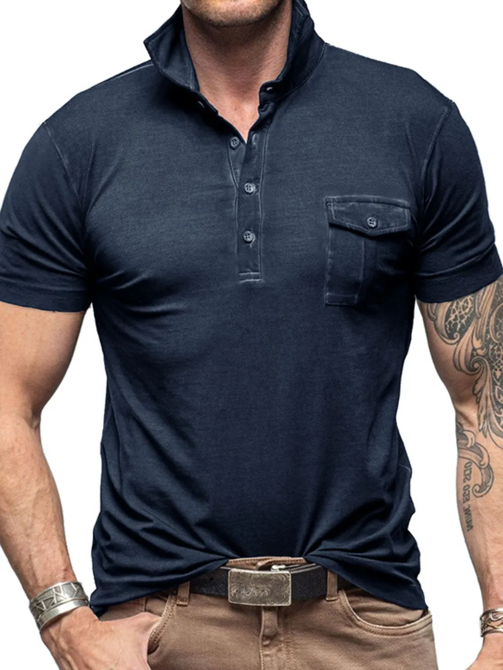 Men's Classic Pocket Polo Shirt with Stand Collar, image 2