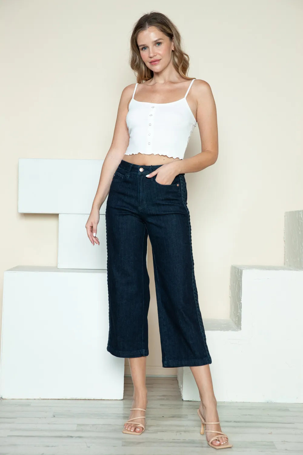 Full Size Side Seam Braid Detail Crop Wide Leg Jeans, image 3