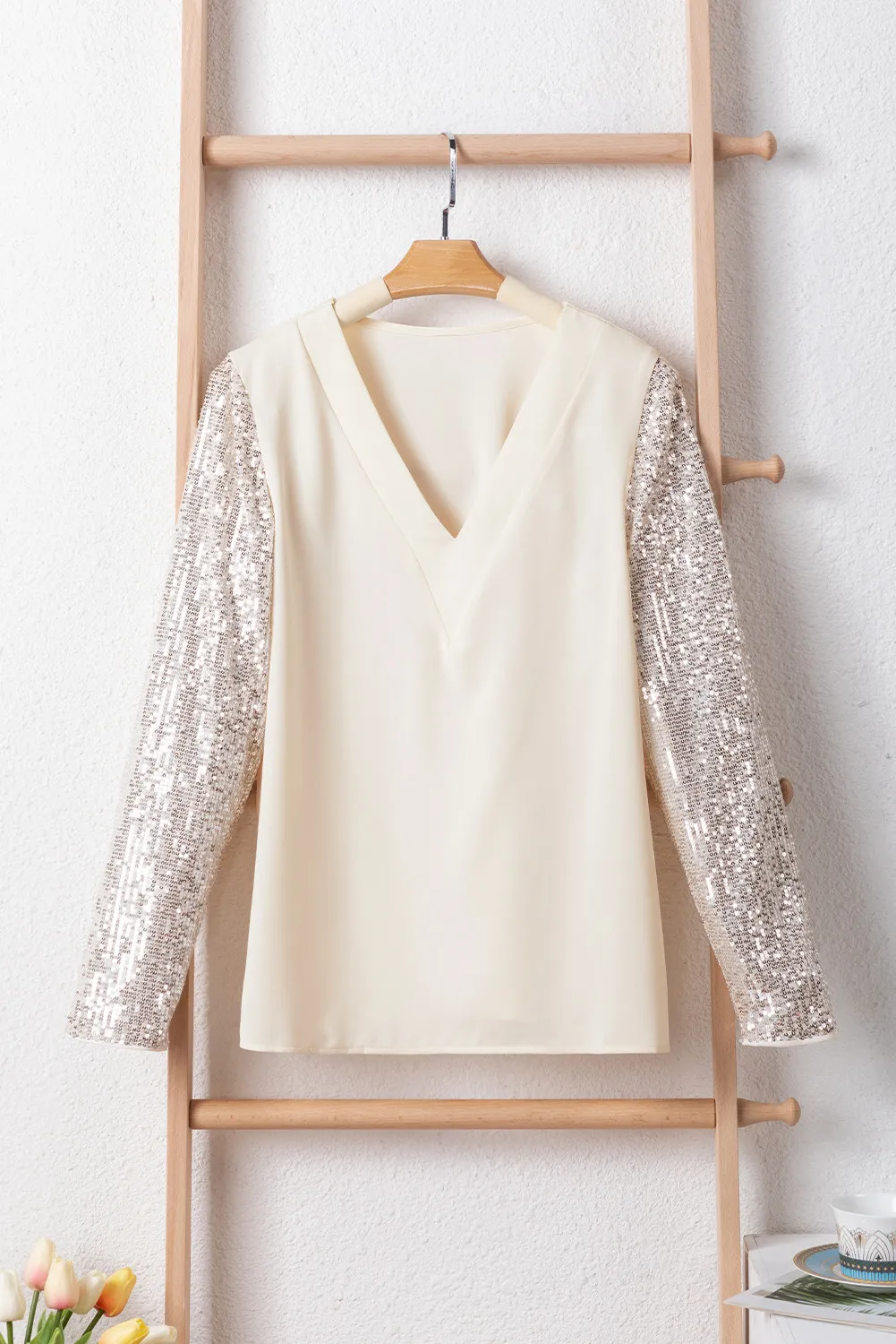 Sequin V-Neck Long Sleeve Blouse, image 4