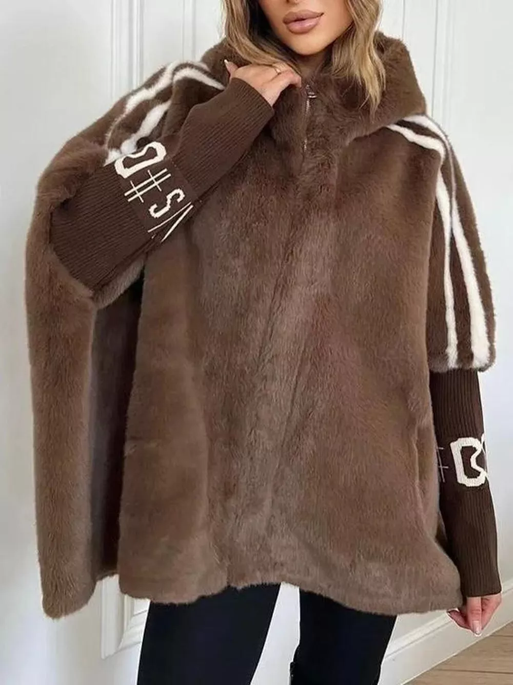 Hooded Faux Fur Striped Trim Outerwear, image 2