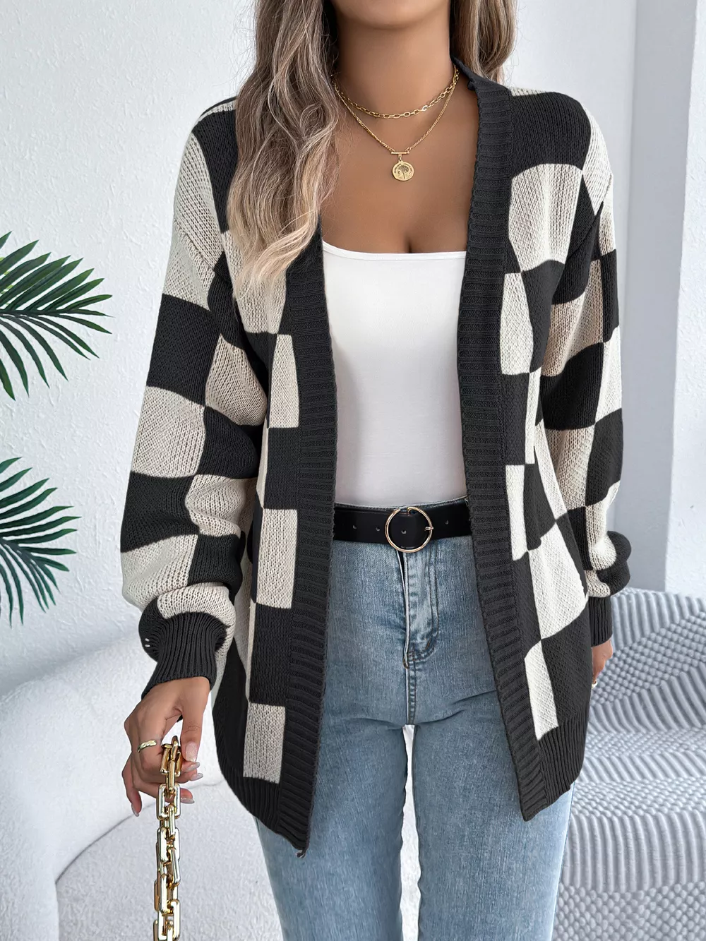 Checkered Pattern Open Front Cardigan, image 3