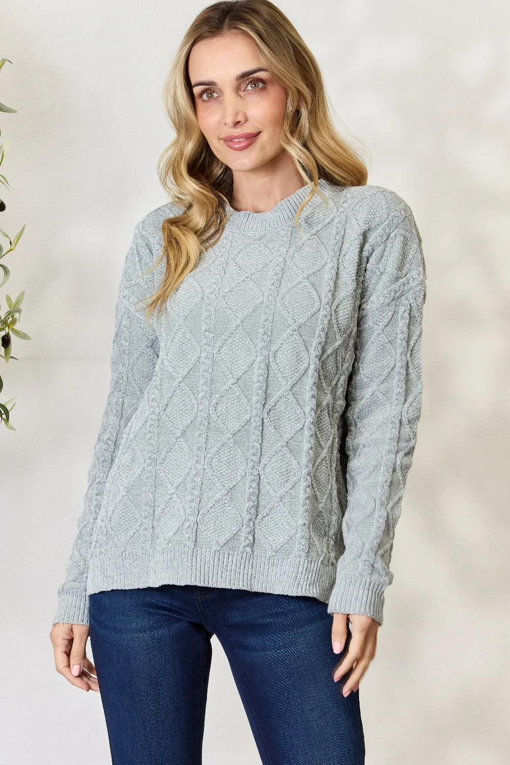 Cable Knit Round Neck Sweater, image 3