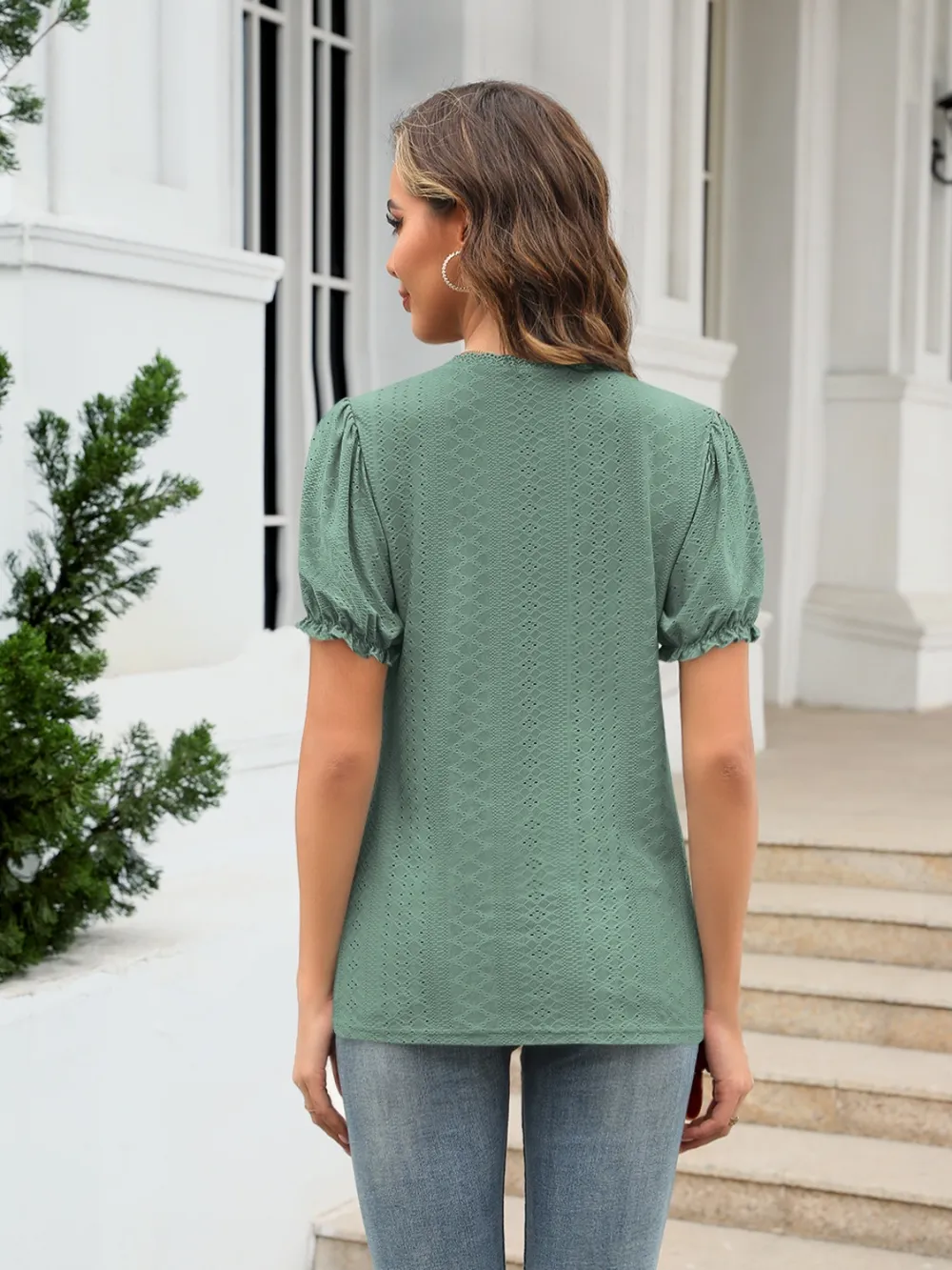 Eyelet Round Neck Short Sleeve Blouse, image 7