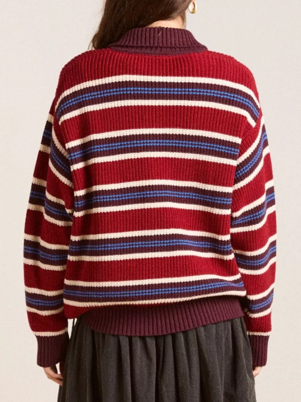 Striped Button Detail Polo Collar Sweater, image 9