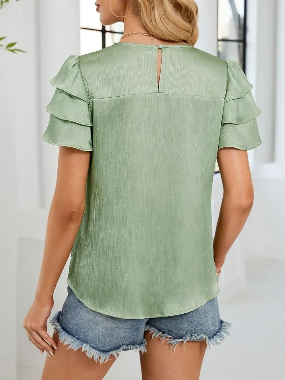 Smocked Round Neck Ruffled Layered Sleeve Blouse, image 12