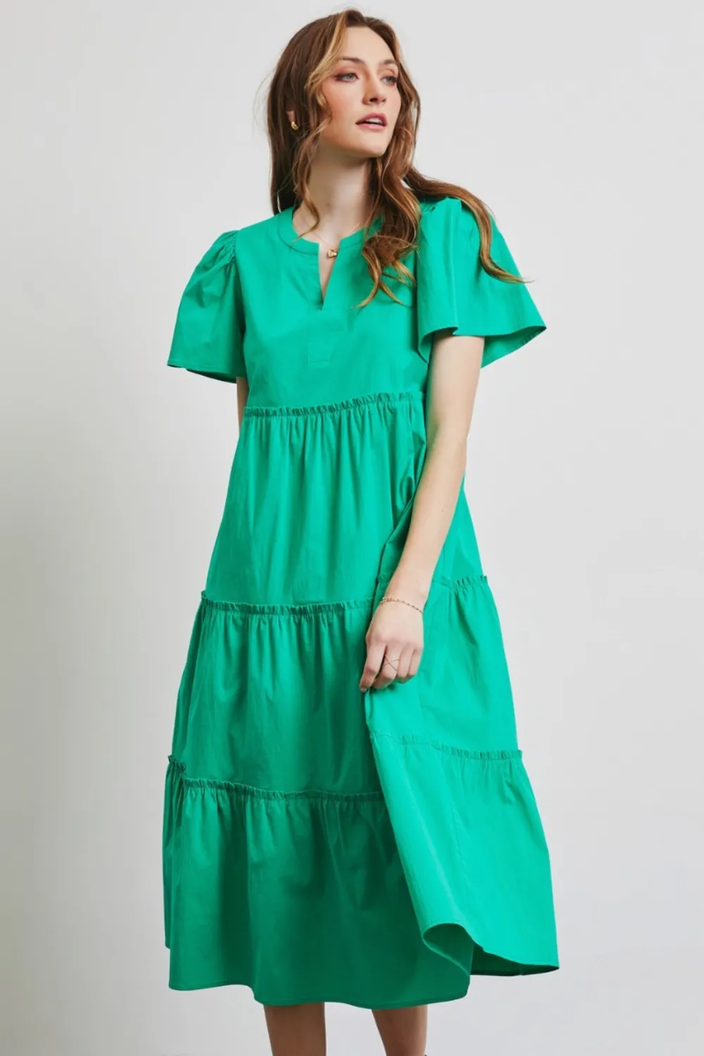 Full Size Cotton Poplin Ruffled Tiered Midi Dress, image 5
