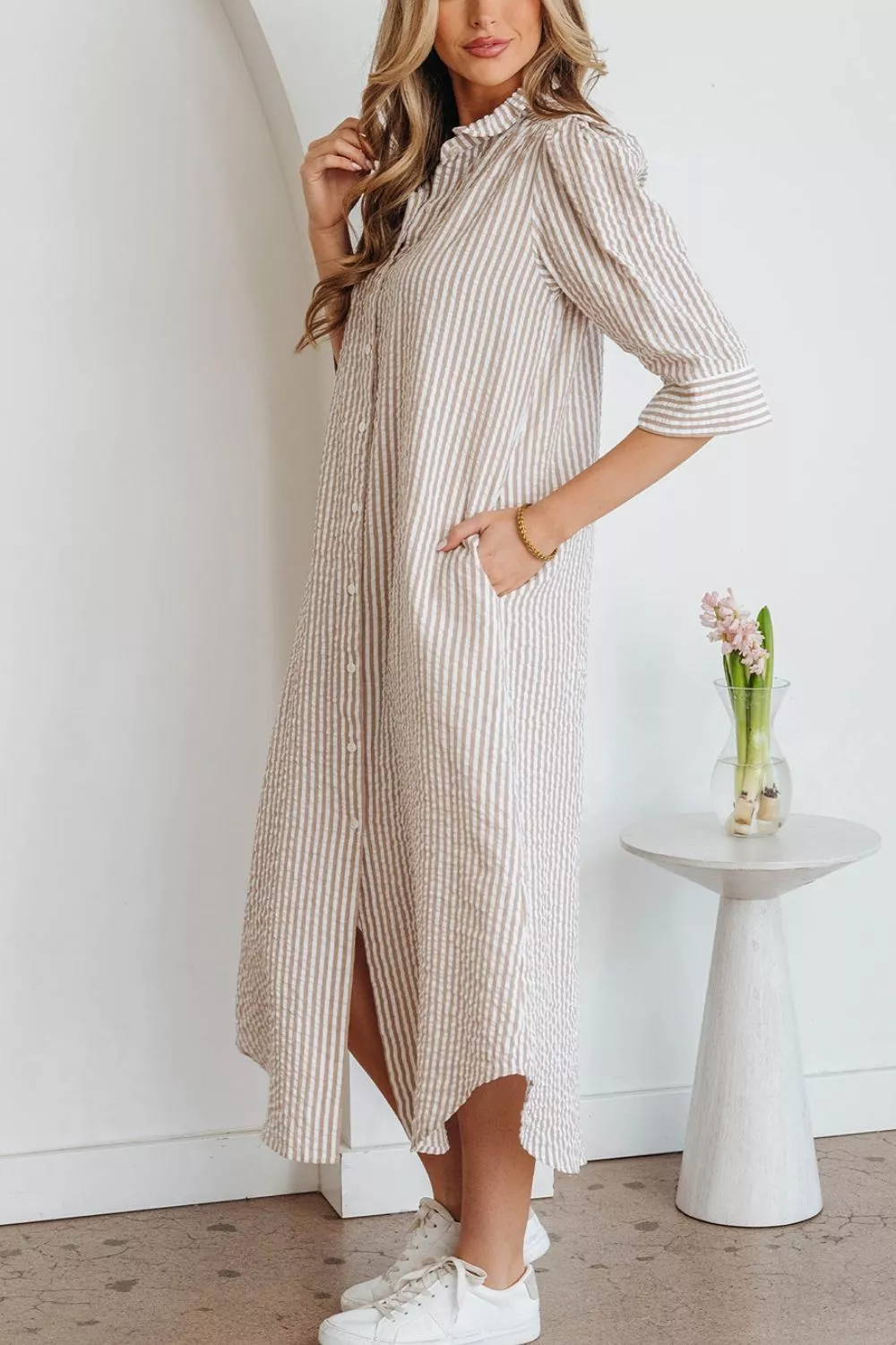 Stripe Frilled Collar Half Sleeve Shirt Dress, image 6