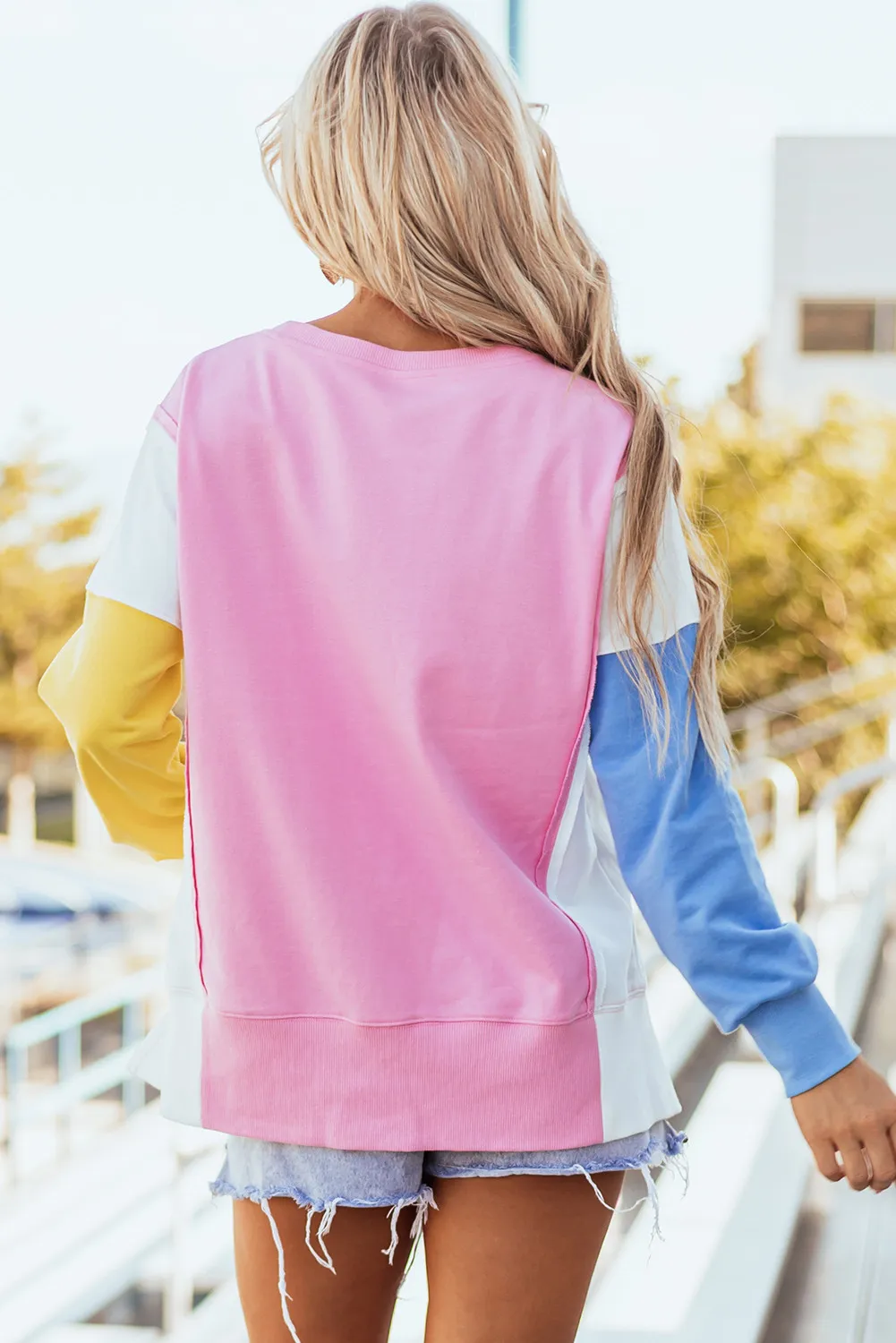 Slit Contrast Round Neck Long Sleeve Sweatshirt, image 2