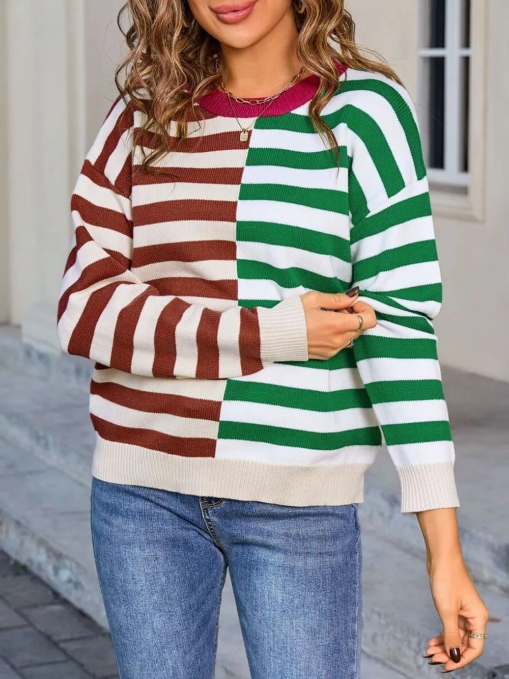 Striped Round Neck Long Sleeve Sweater, image 10