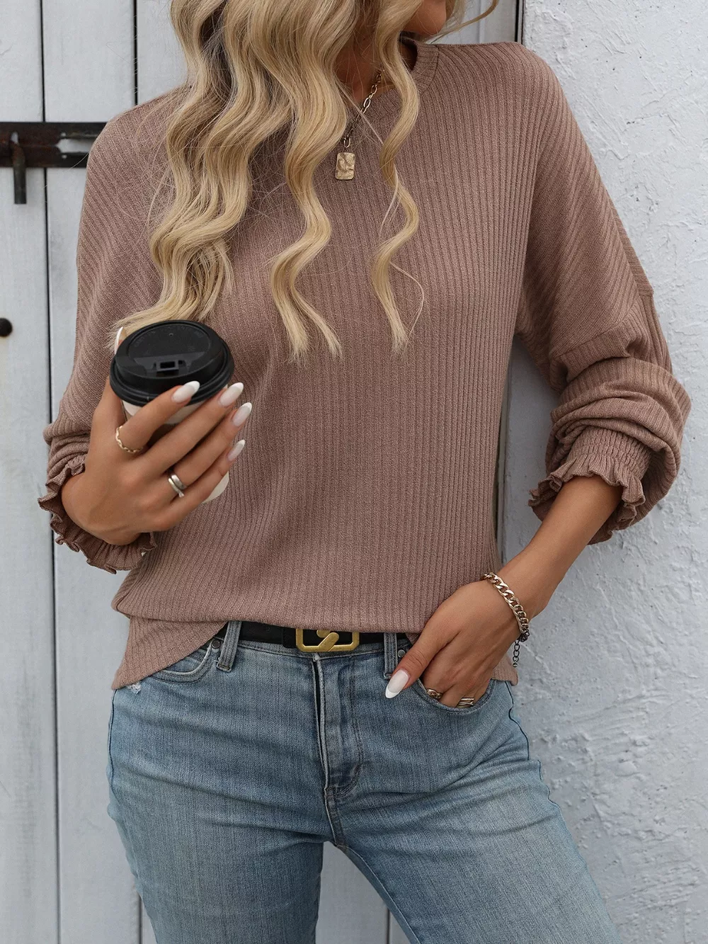 Ribbed Knit Ruffle Cuff T-Shirt, image 3