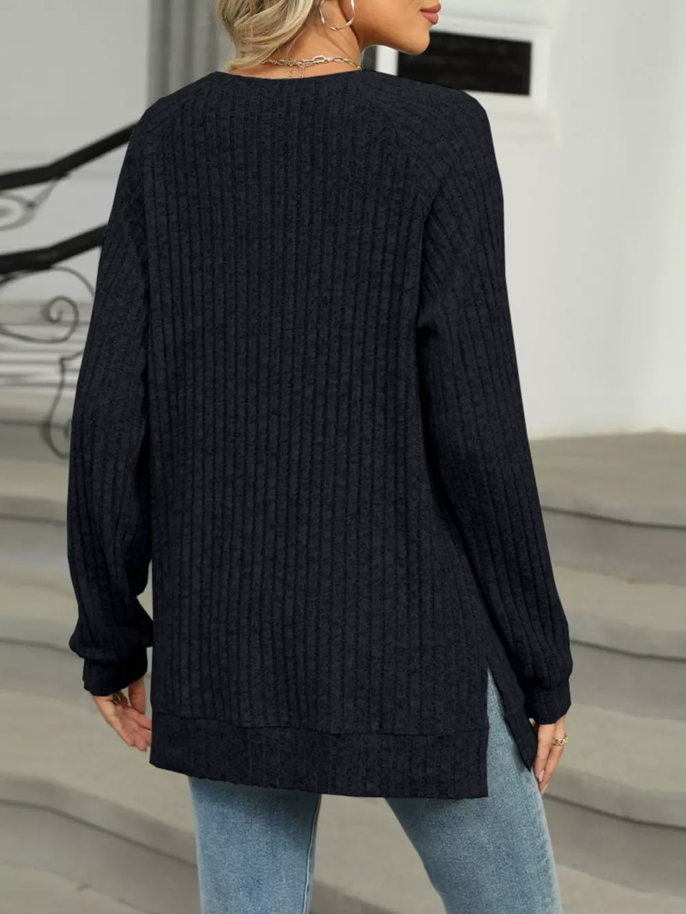 Round Neck Side Slit Ribbed Knit Top with Asymmetric Button Detail, image 20