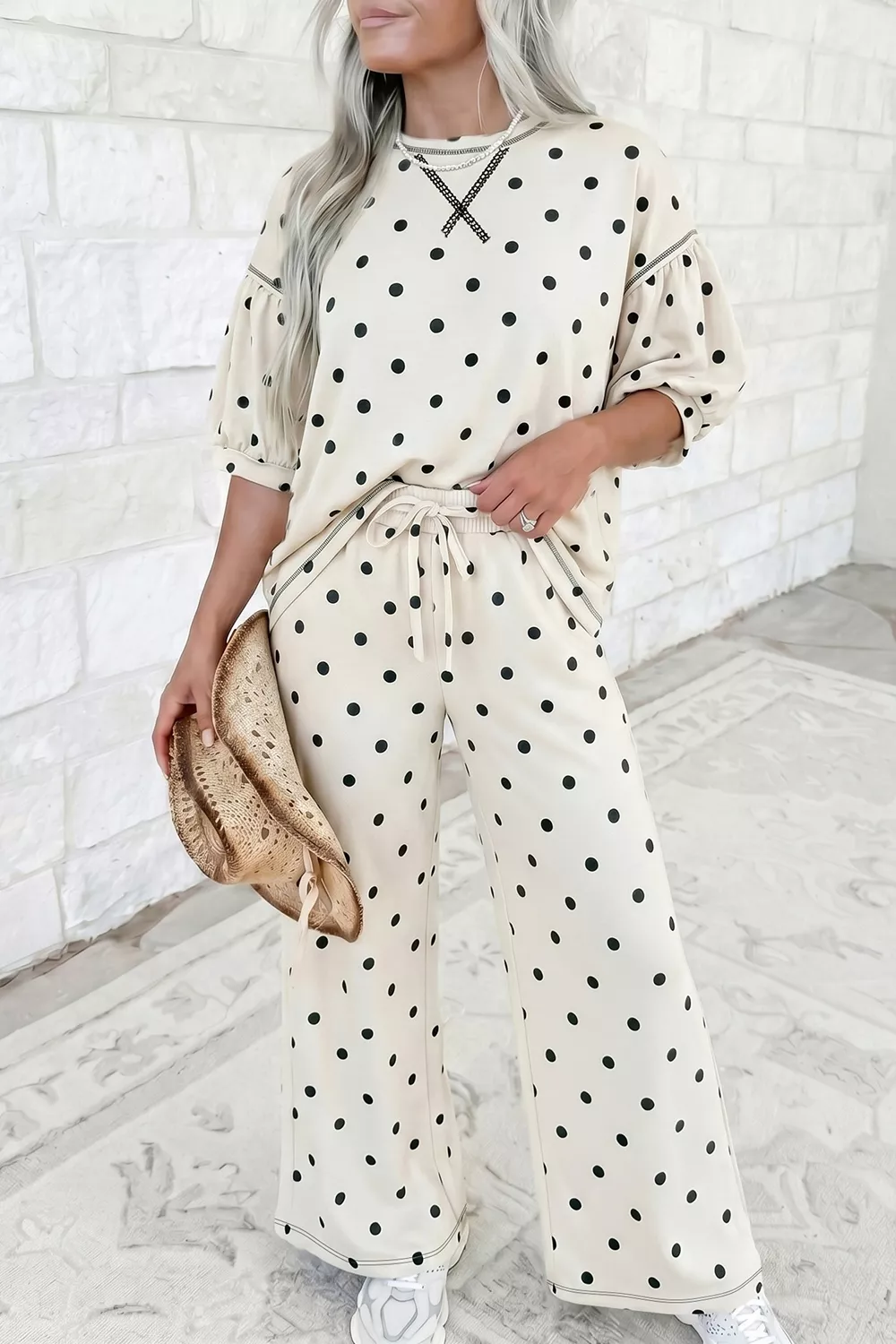 Polka Dot Half Sleeve Top and Pants Set, image 2