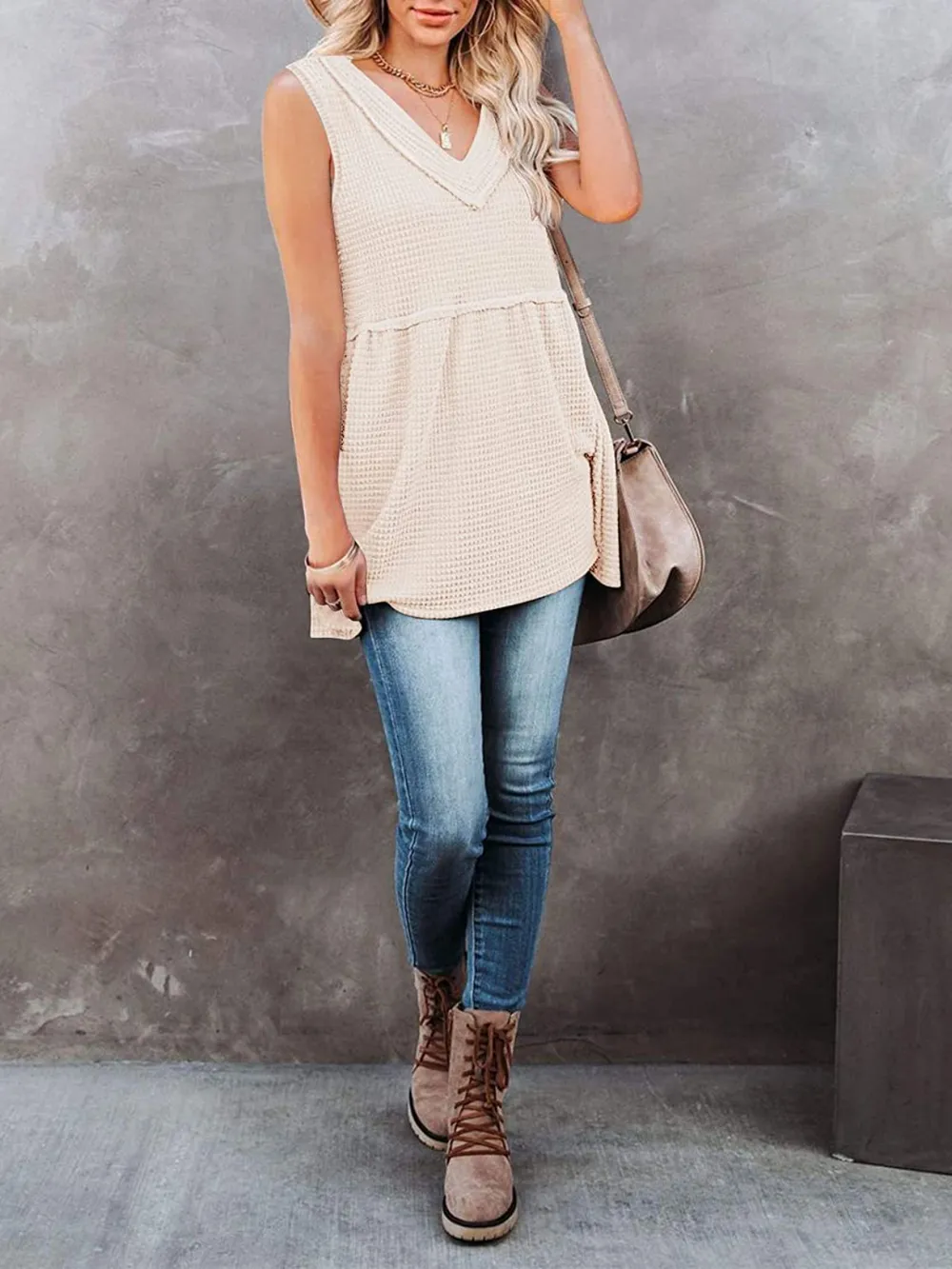 V-Neck Waffle Knit Tank Top with Contrast Stitching, image 16