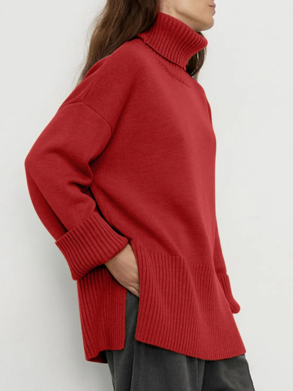 Side Slit Turtleneck Drop Shoulder Sweater, image 10