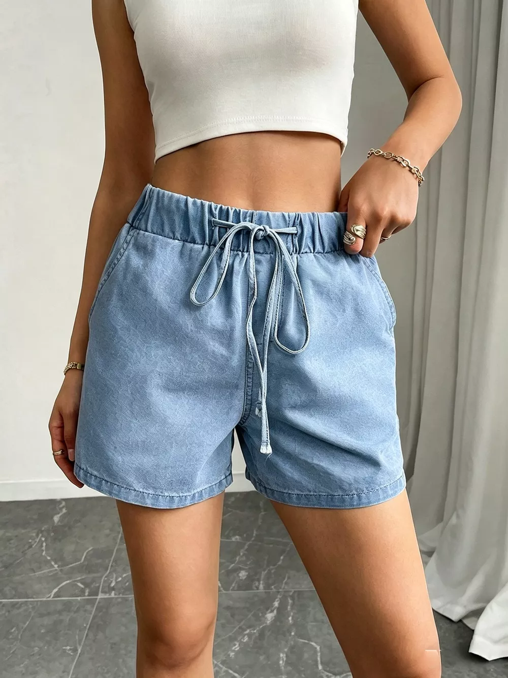 Drawstring High Waist Denim Shorts, image 3