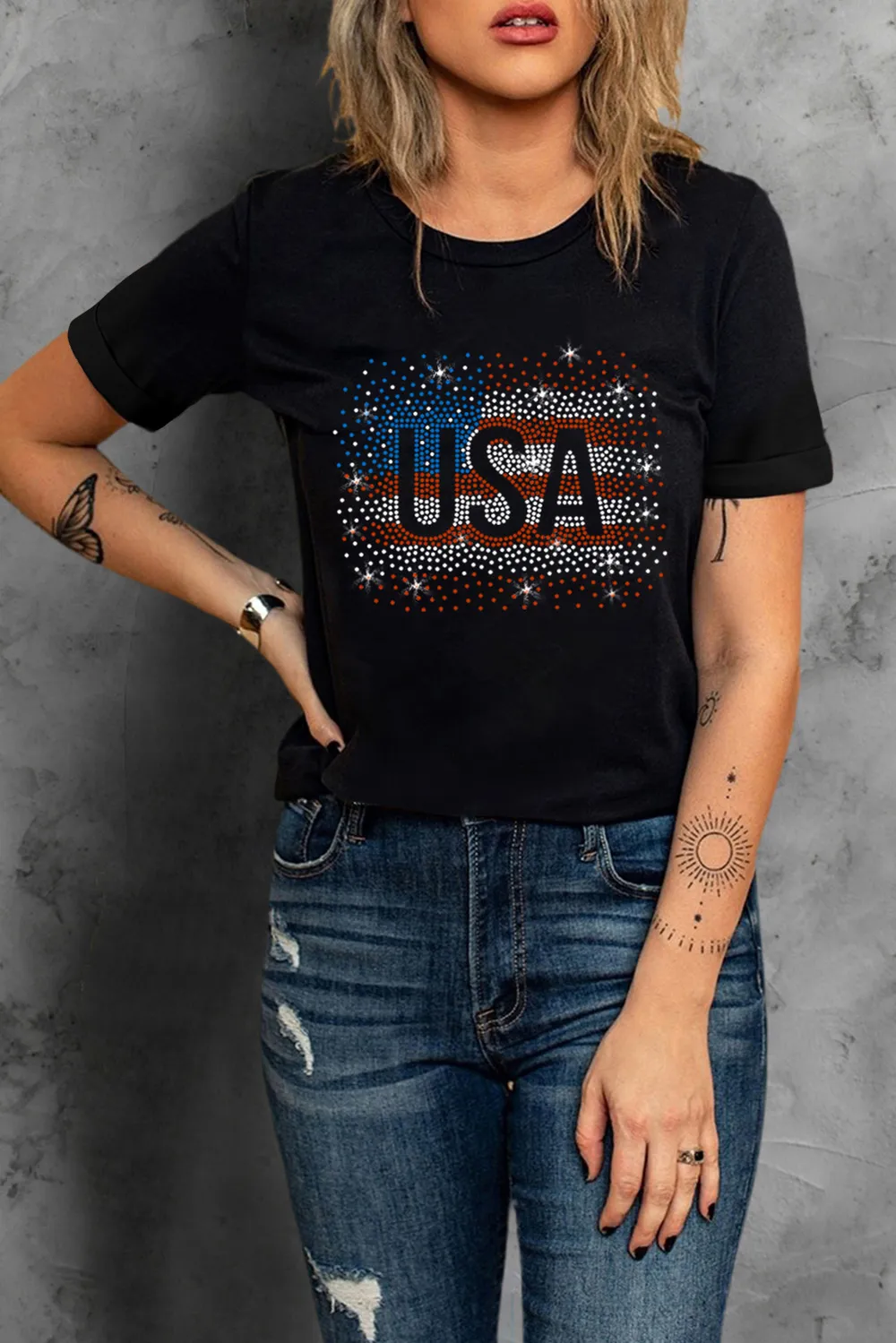 USA Rhinestone Round Neck Short Sleeve T-Shirt, image 3