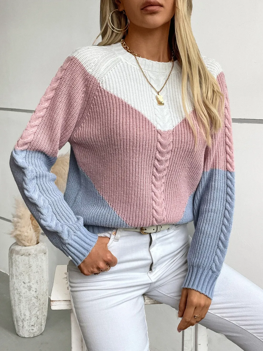 Color Block Round Neck Long Sleeve Sweater, image 3