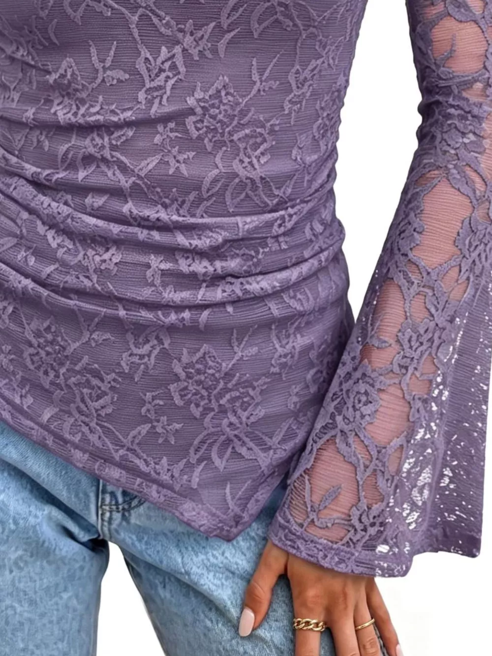 Floral Lace Long Sleeve Blouse with Flared Cuffs, image 15