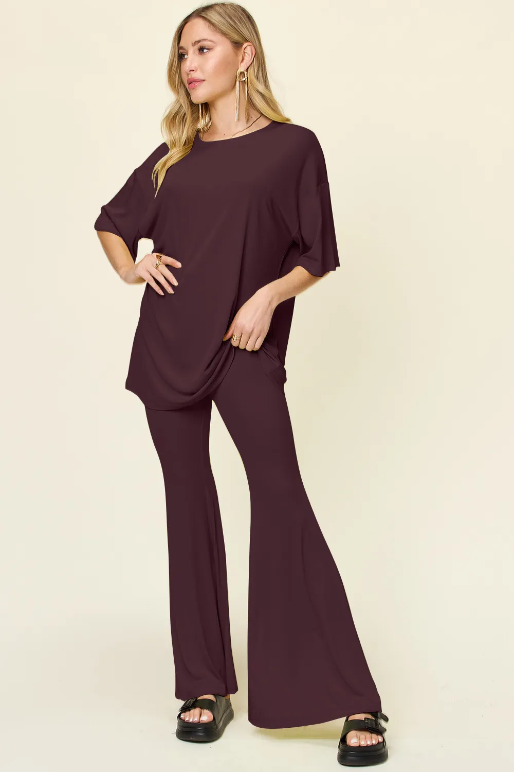 Full Size Round Neck Drop Shoulder T-Shirt and Flare Pants Set, image 3