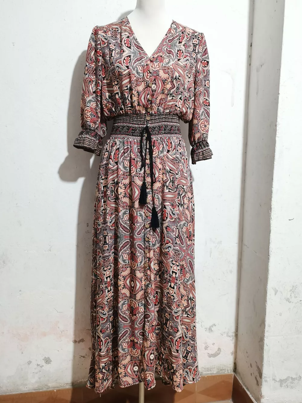 Paisley Print Half Sleeve Slit Midi Dress, image 2