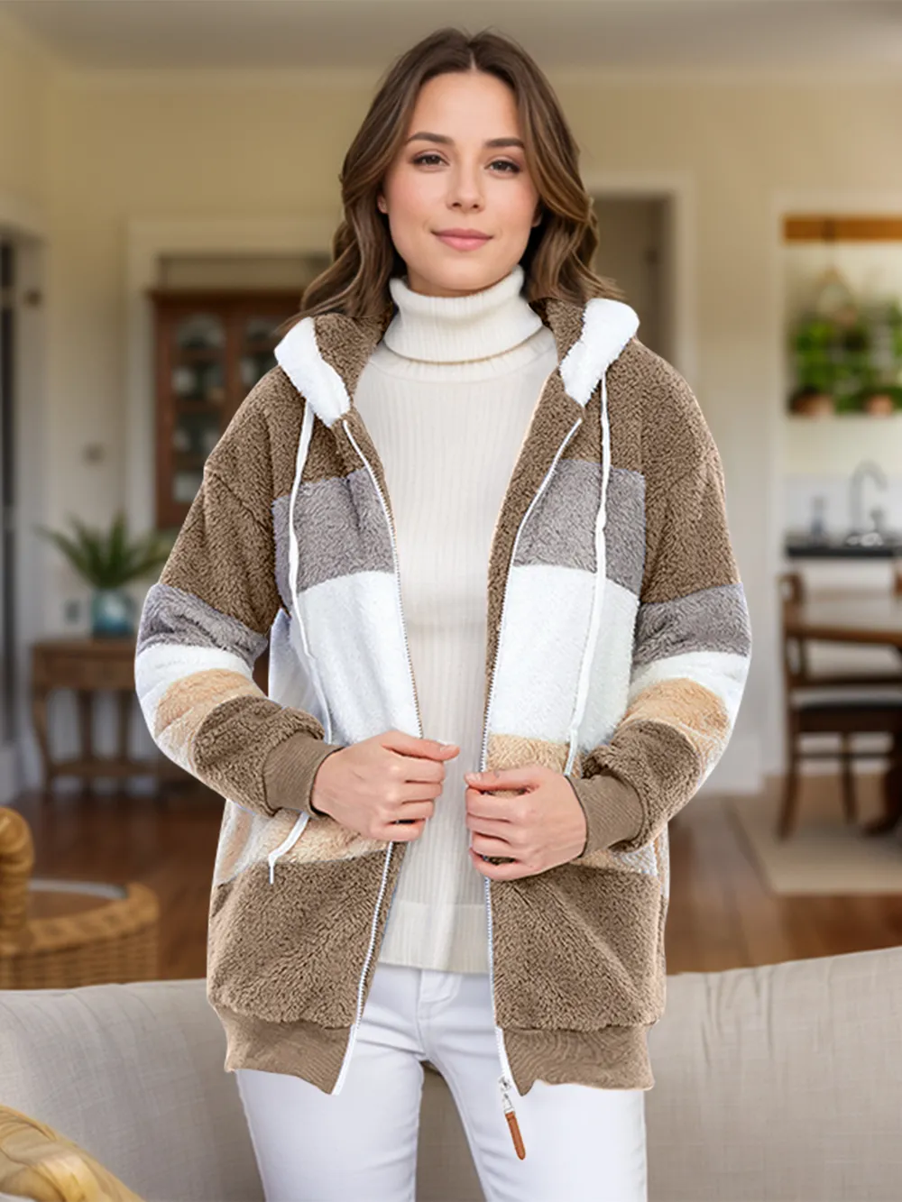 Full Size Drawstring Color Block Zip Up Hooded Outerwear, image 12