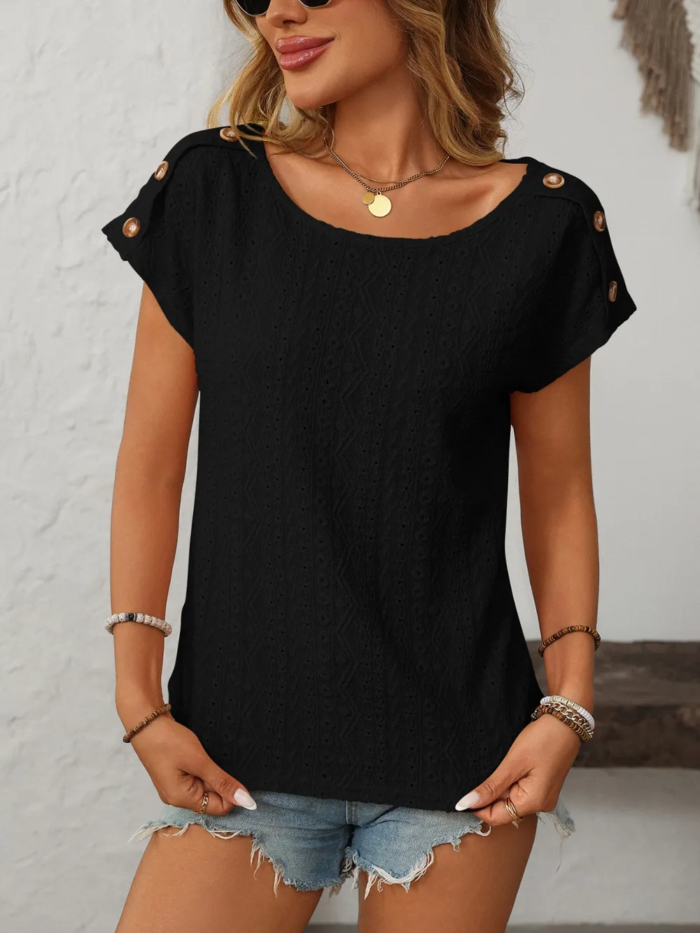 Eyelet Round Neck Short Sleeve Top, image 20