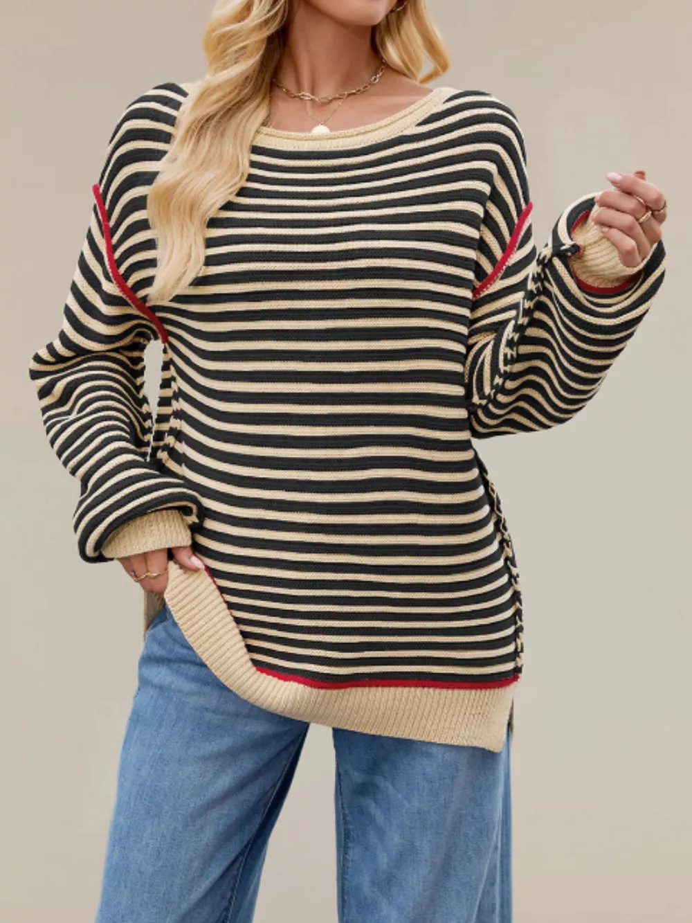 Oversized Striped Dropped Shoulder Sweater, image 4