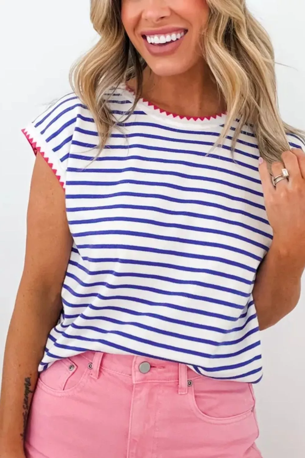 Stripe Contrast Trim Round Neck Cap Sleeve Tee, image 2