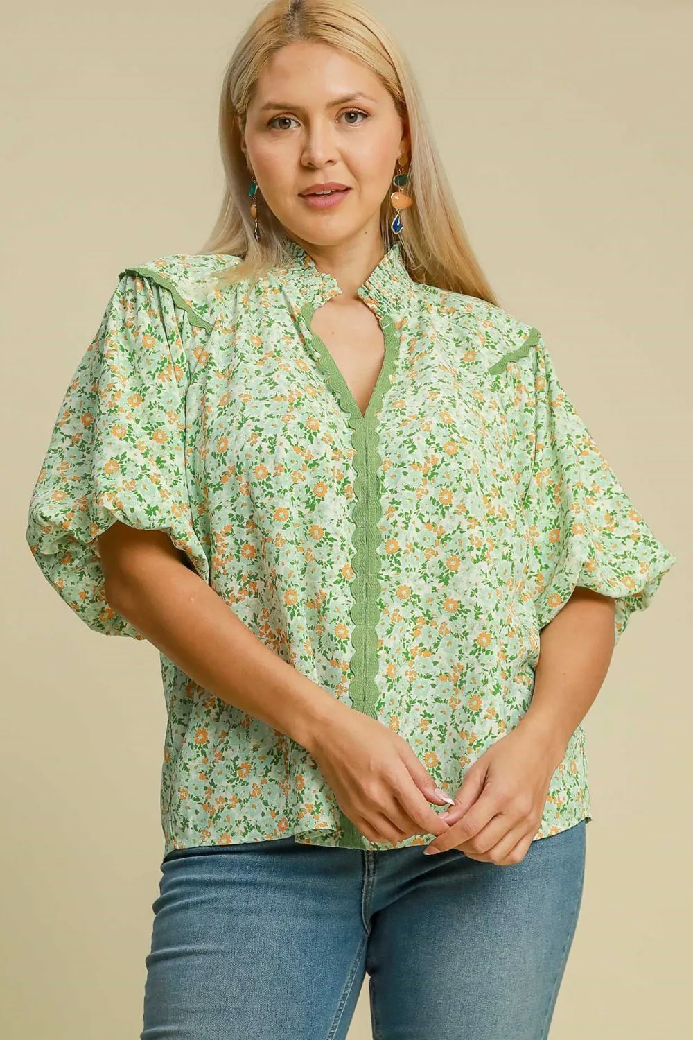 Full Size Floral Print Puff Sleeve Top Plus Size, image 2