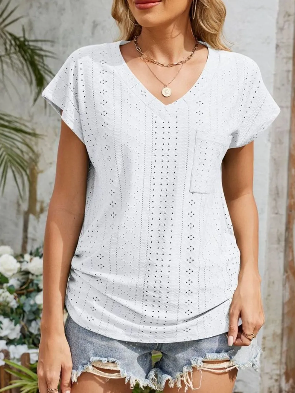 Eyelet V-Neck Short Sleeve Top, image 4
