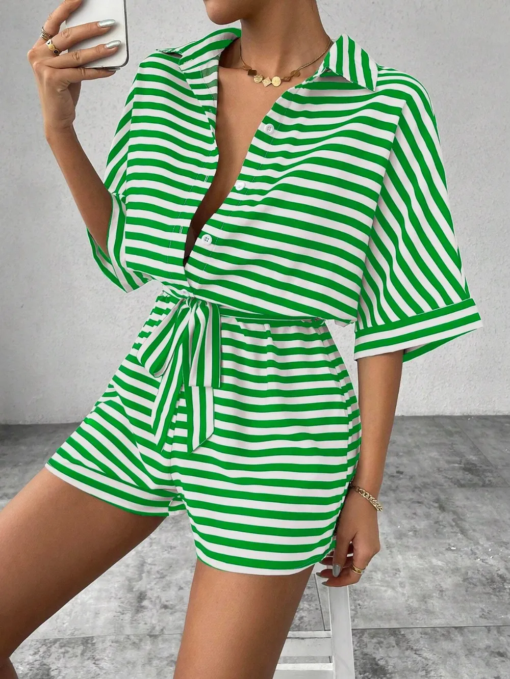 Tie Waist Half Button Striped Romper, image 2