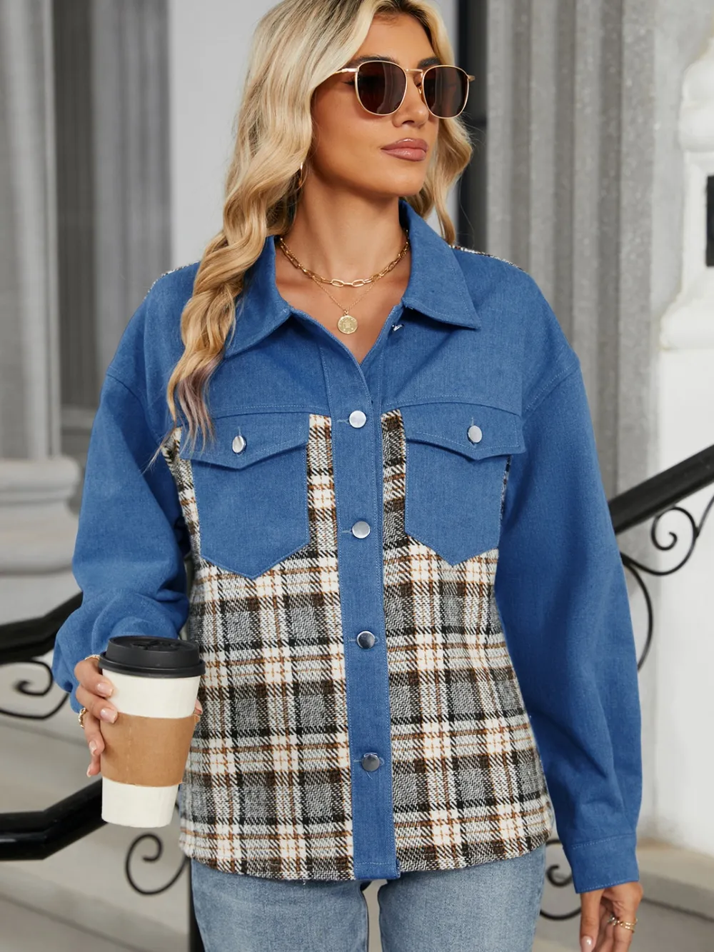 Plaid Button Up Long Sleeve Denim Jacket, image 3