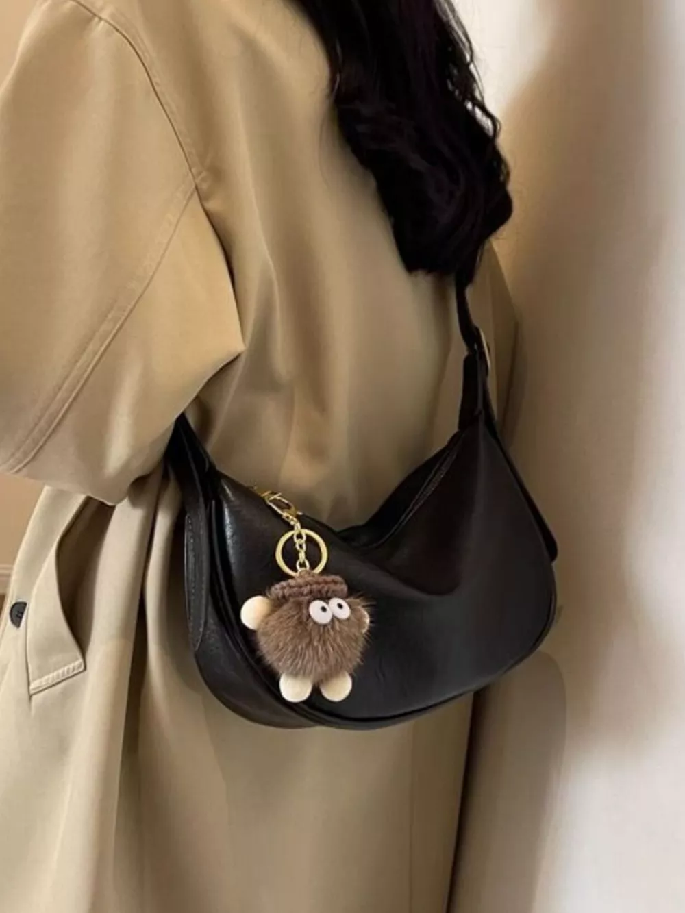 Crescent Shoulder Bag with Plush Charm, image 4