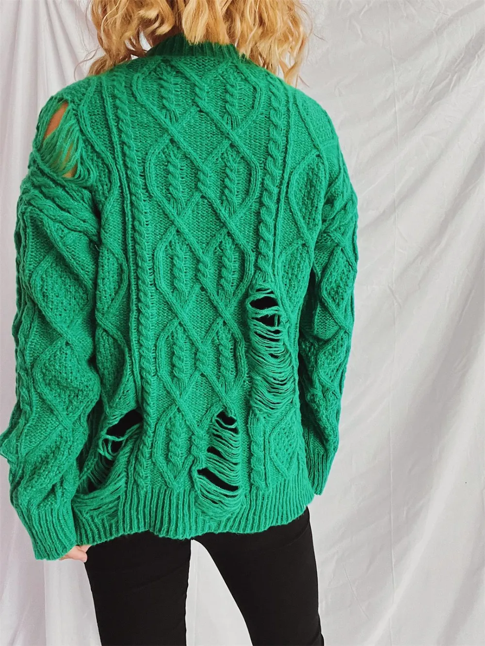 Distressed Cable-Knit Round Neck Long Sleeve Sweater, image 3