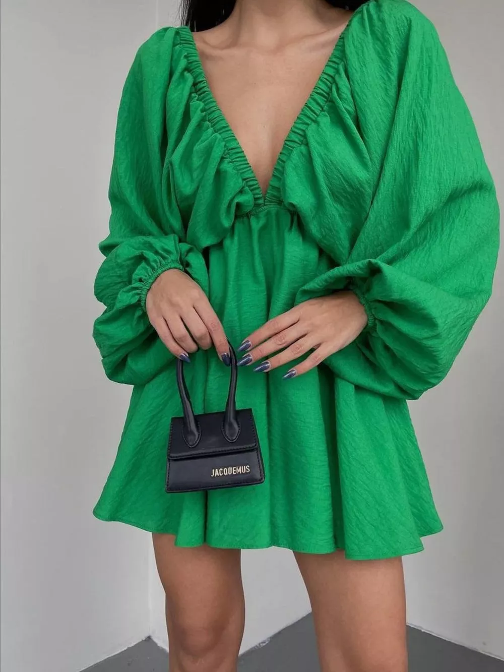 Deep V-Neck Balloon Sleeve Dress, image 5