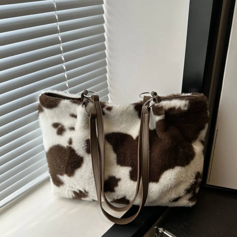 Cow Print Furry Tote Bag, image 2
