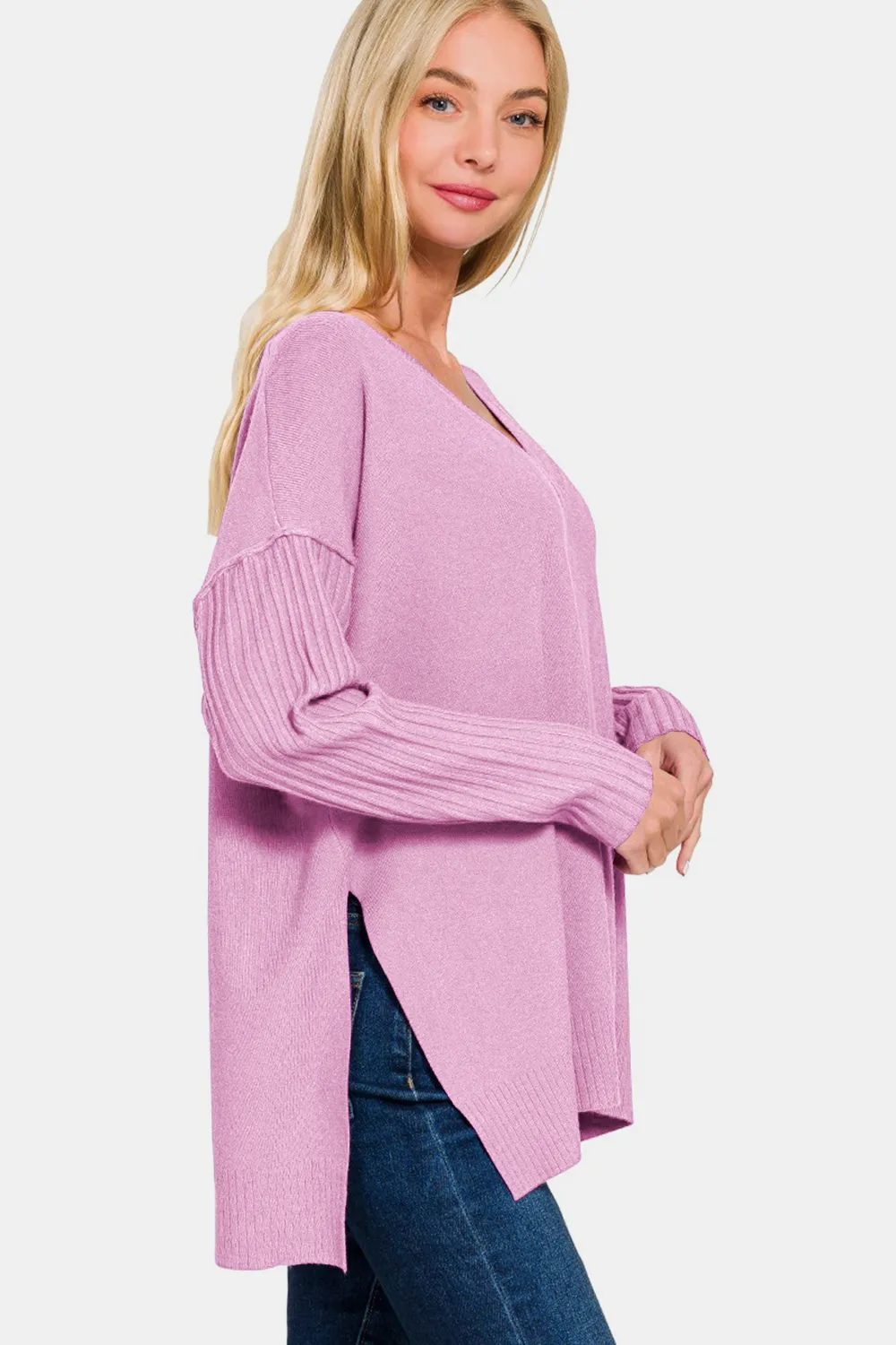 V-Neck Side Slit High-Low Sweater, image 3