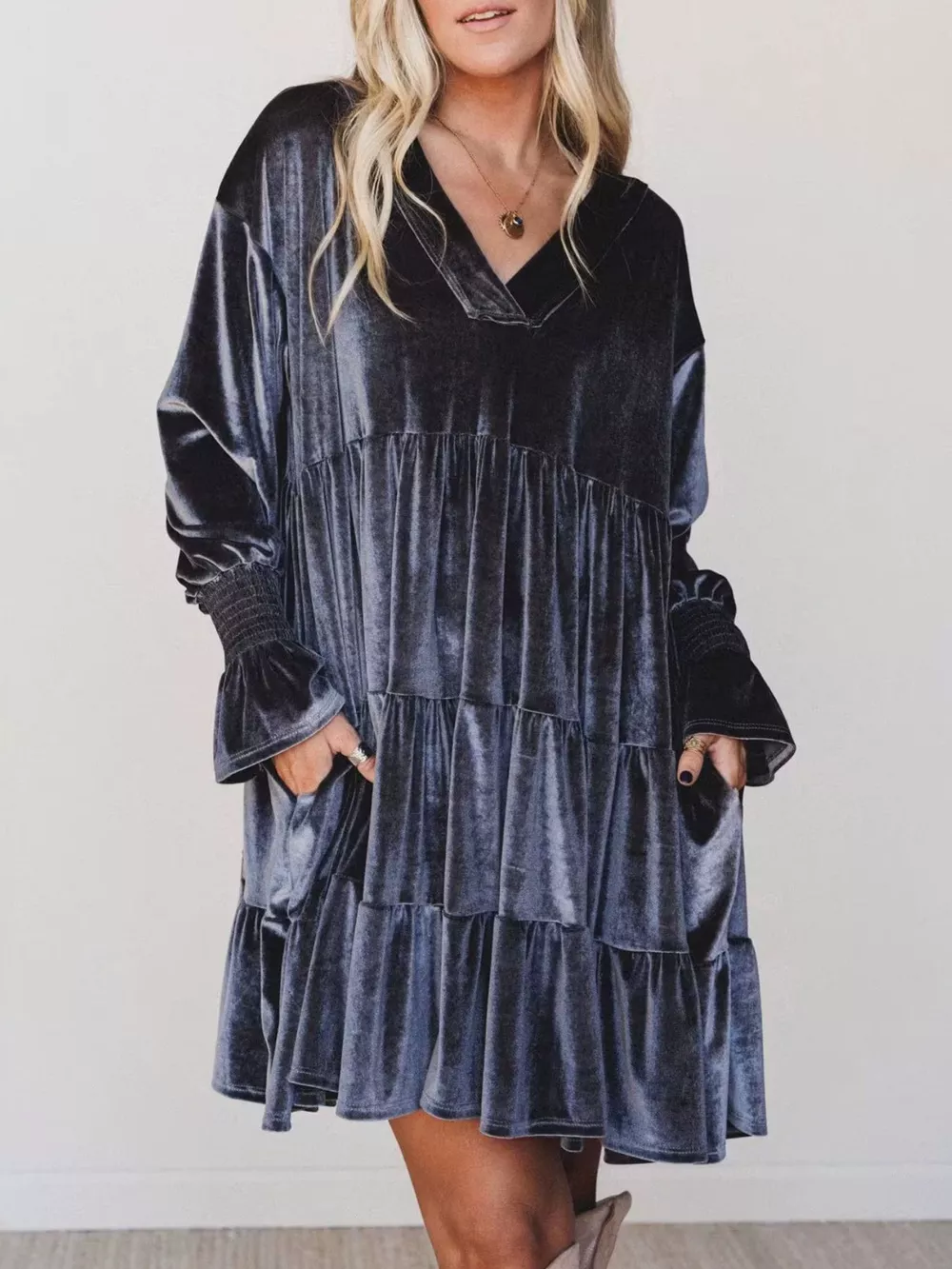 Velvet Tiered Mini Dress with Balloon Sleeves, image 12