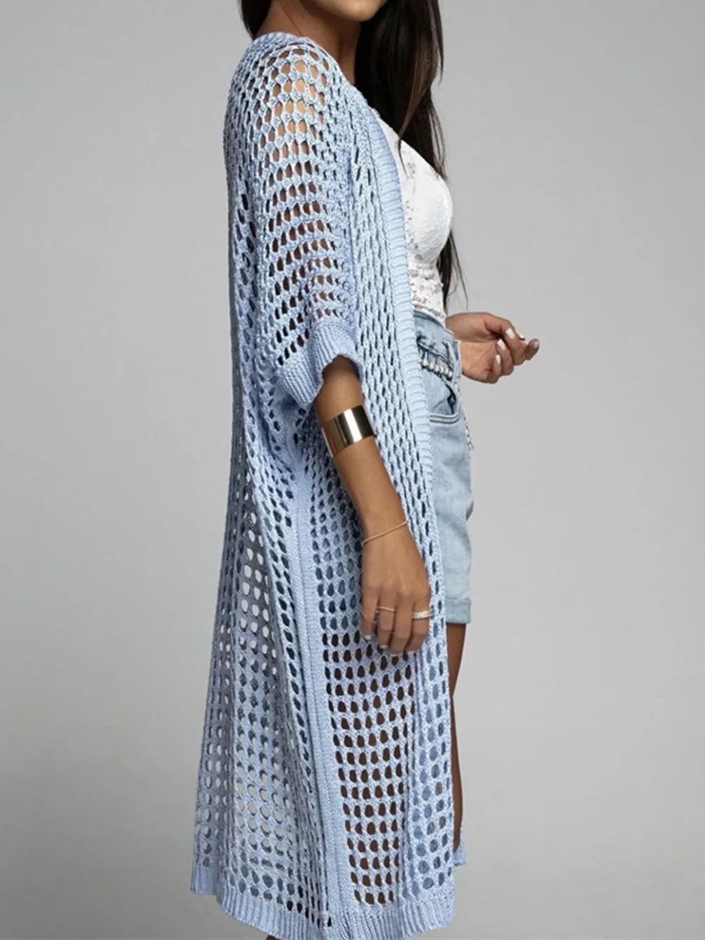 Openwork Open Front Three-Quarter Sleeve Cover Up, image 5