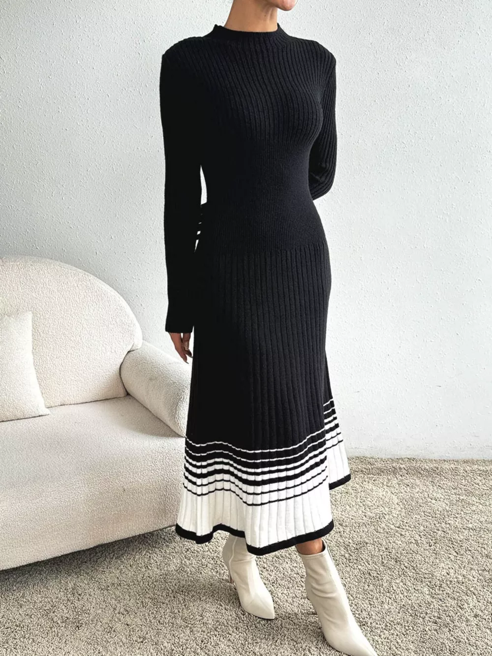 Ribbed Knit Sweater Dress with Striped Hem, image 4