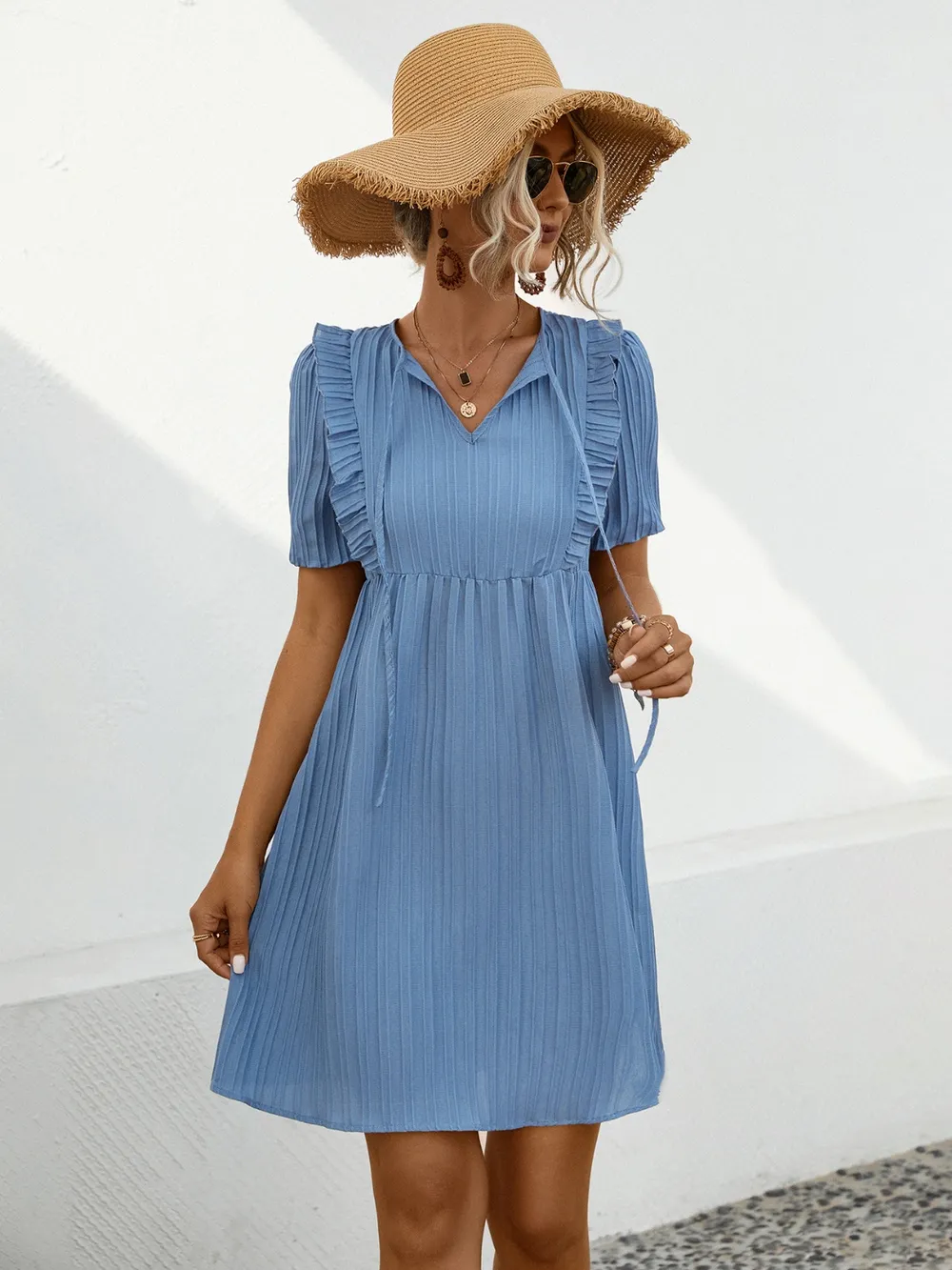 Tie Neck Short Sleeve Mini Dress, image 3