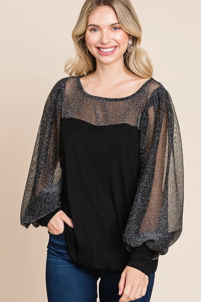 Full Size Metallic Mesh Lantern Sleeve Blouse, image 4