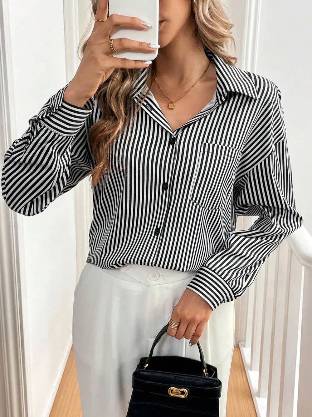 Cutout Bow Back Striped Collared Neck Long Sleeve Shirt, image 2