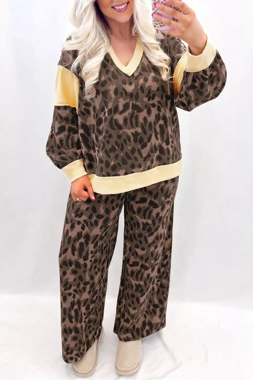 Leopard Print Long Sleeve V-Neck Top & Wide Leg Pant Set, image 3