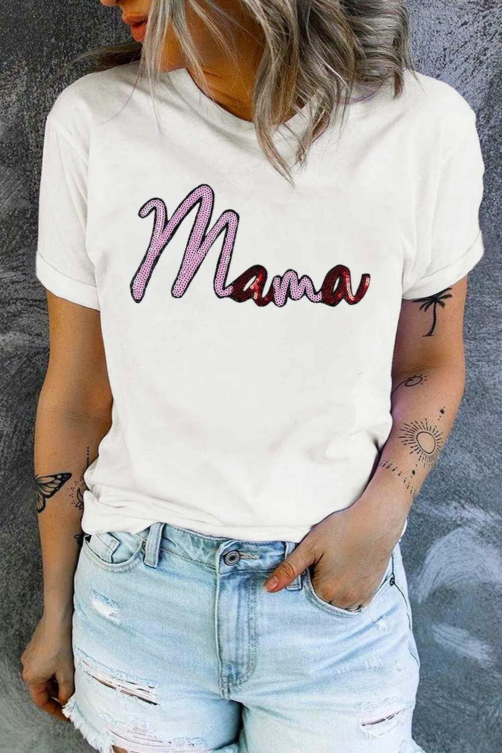 MAMA Sequin Round Neck Short Sleeve T-Shirt, image 2